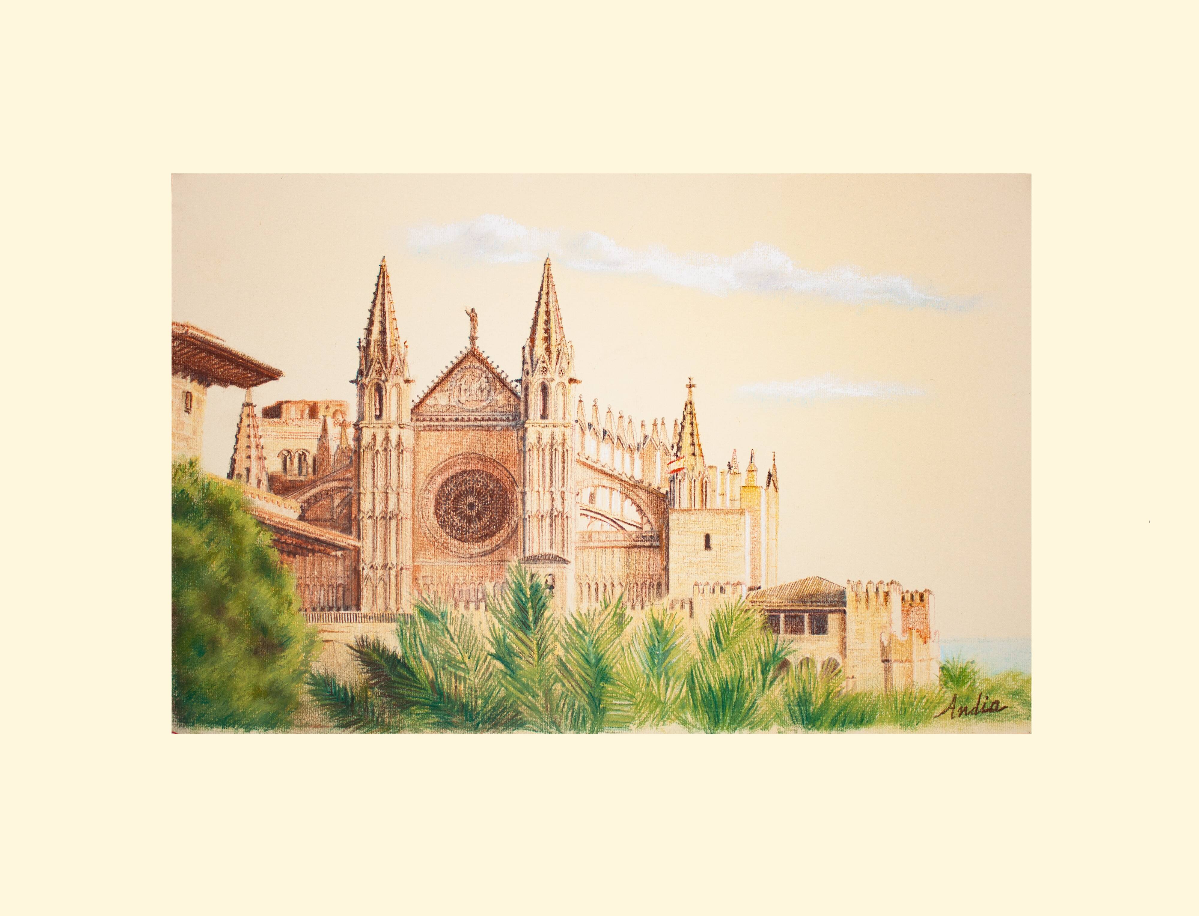 Dibujo de la catedral de mallorca. cuadro de mallorca. pintura mallorca. mallorca pintura.