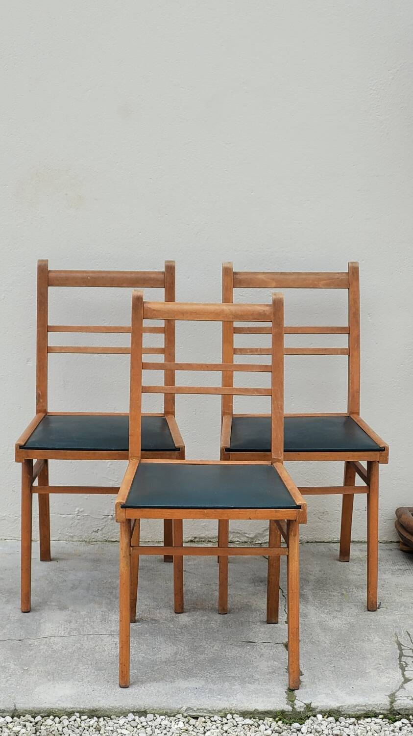Series of 3 vintage chairs with compass legs - 1950s