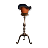 Lampe tripode bronze doré, tulipe pate de verre orange et bleu