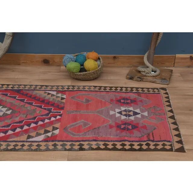 Tapis couloir vintage turc fait main en laine et coton rose des années 1970 104x358