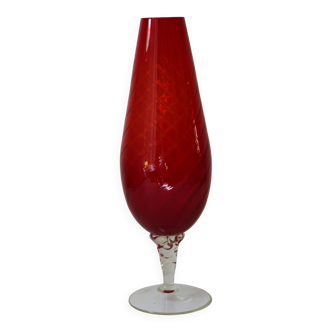 Large vintage twisted red glass vase