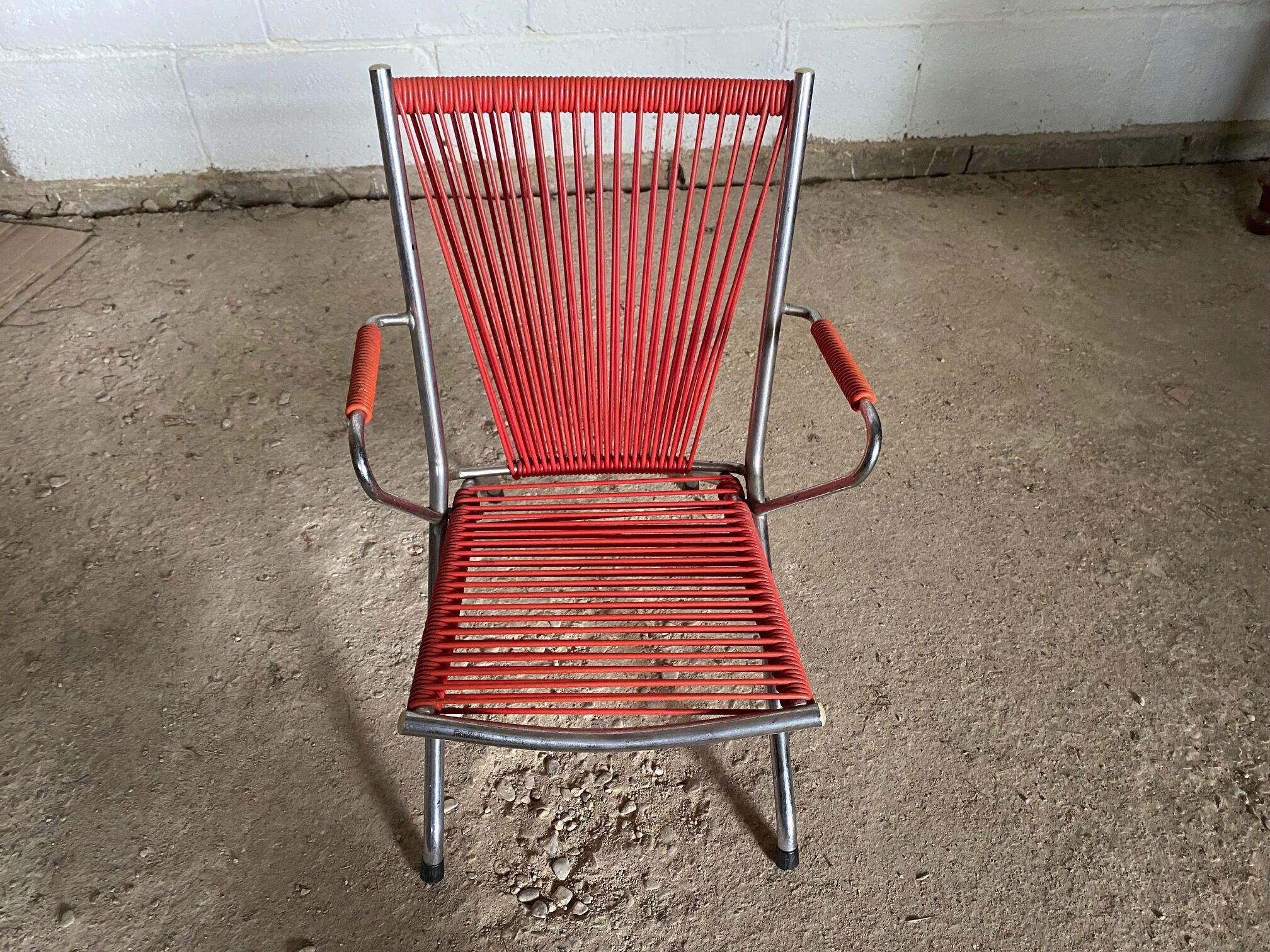 Folding scoubidou children's armchair red and vintage chrome 1950