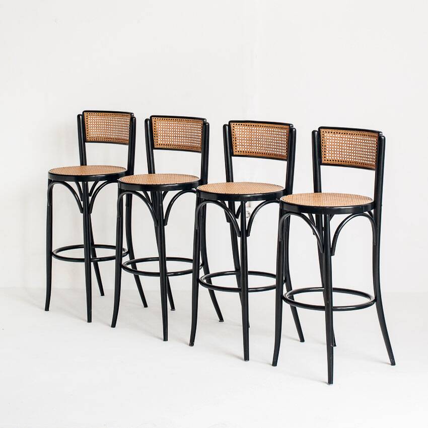 Set of 4 vintage high stools. Beech wood and cane. France, 90s
