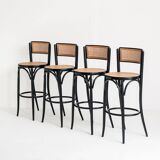 Set of 4 vintage high stools. Beech wood and cane. France, 90s