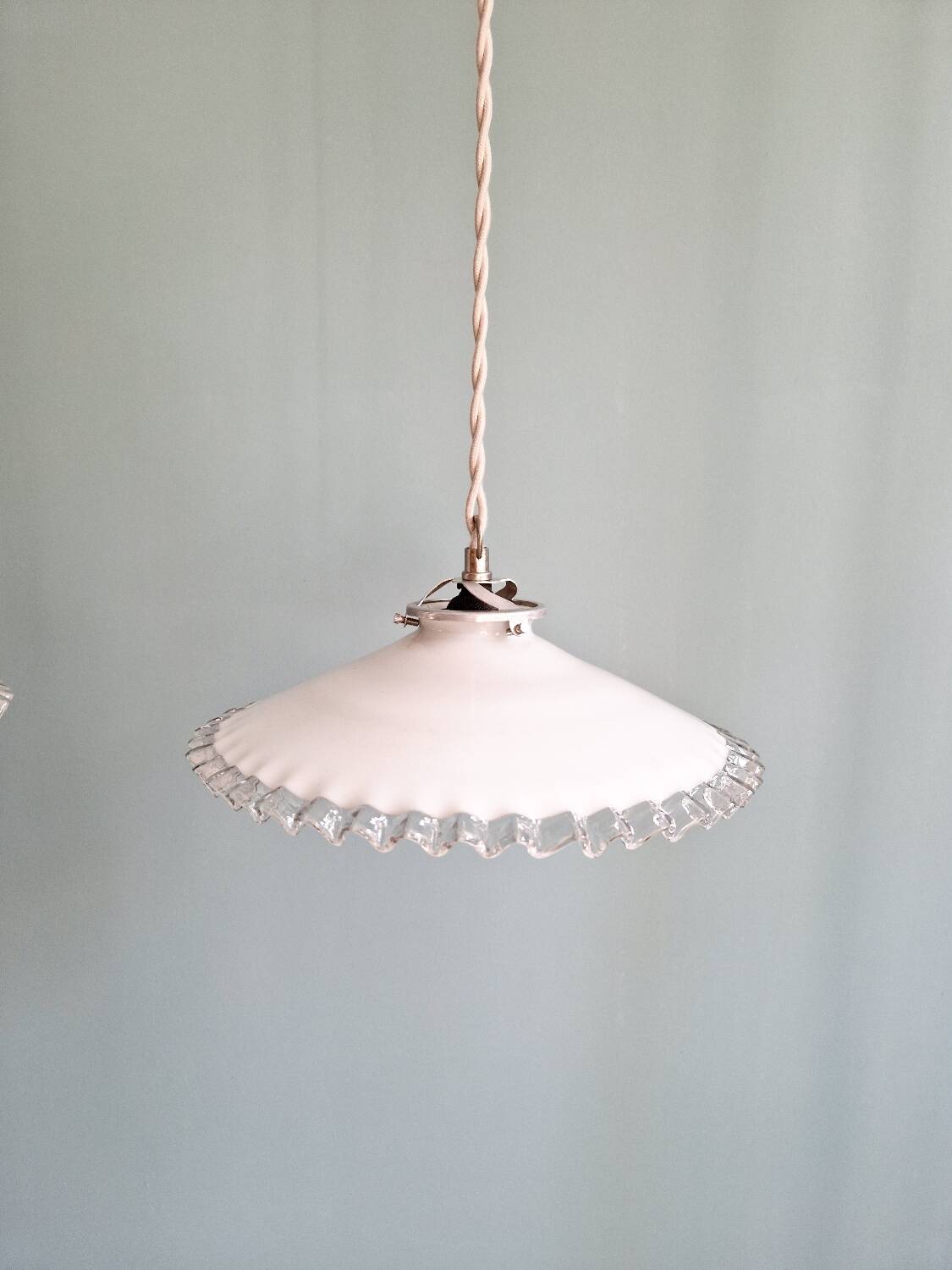 Pair of Art Deco pendant lights in scalloped white opaline, 1920-30