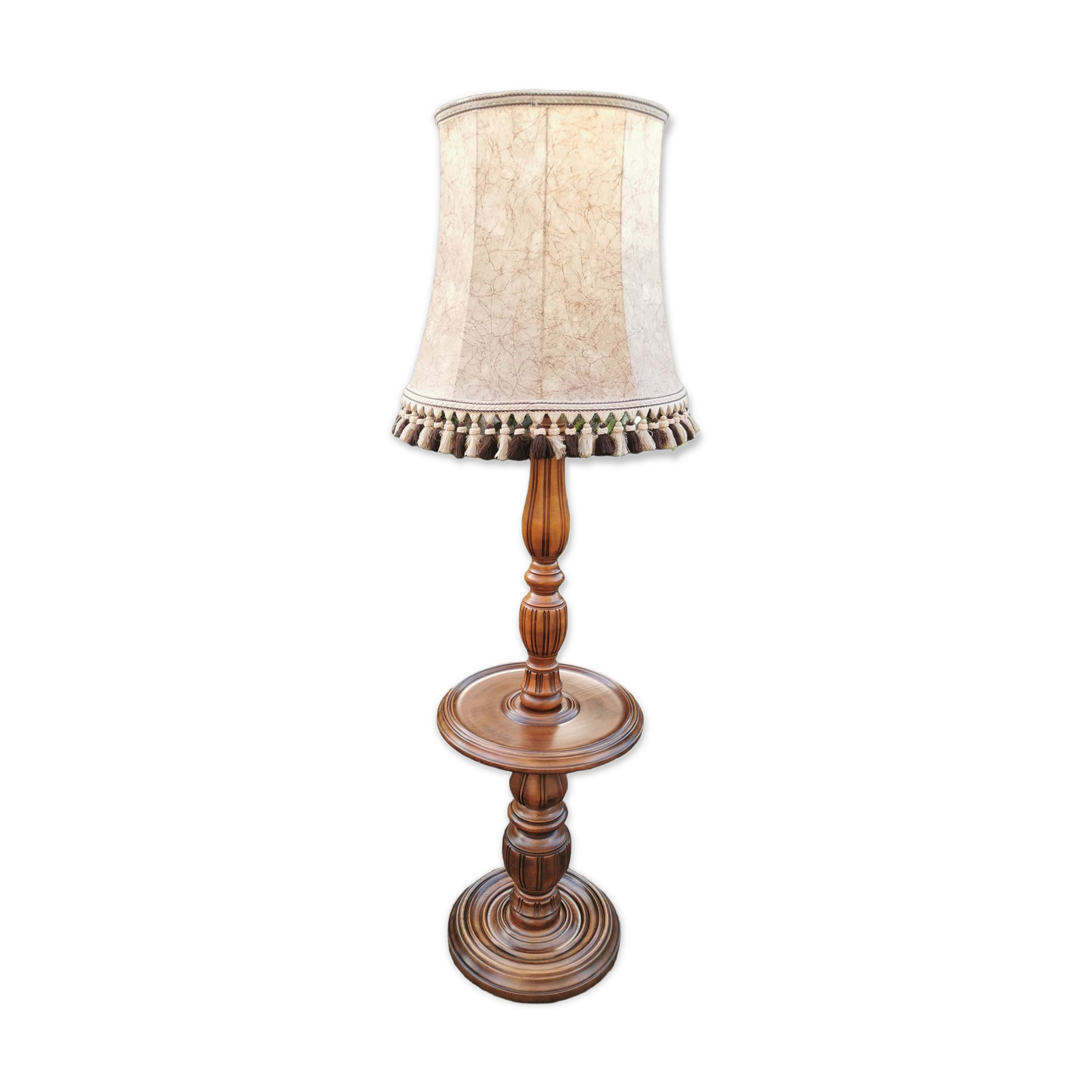 Turned wooden floor lamp with lampshade