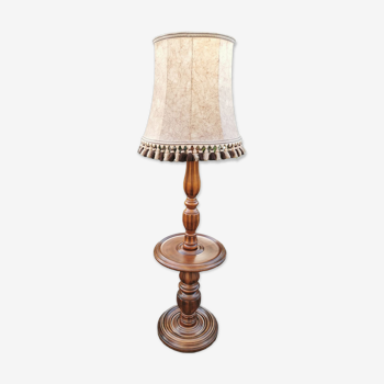 Turned wooden floor lamp with lampshade