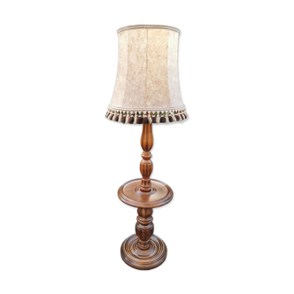 Turned wooden floor lamp with lampshade