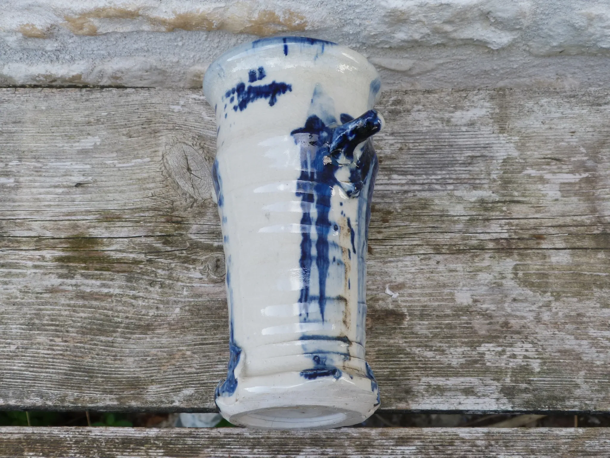 Vintage 1950 Brutalist vase in pottery with blue glazes, signed Blaso.