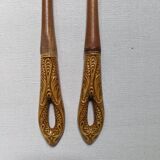 Antique wooden salad servers with earthenware handles, handcrafted