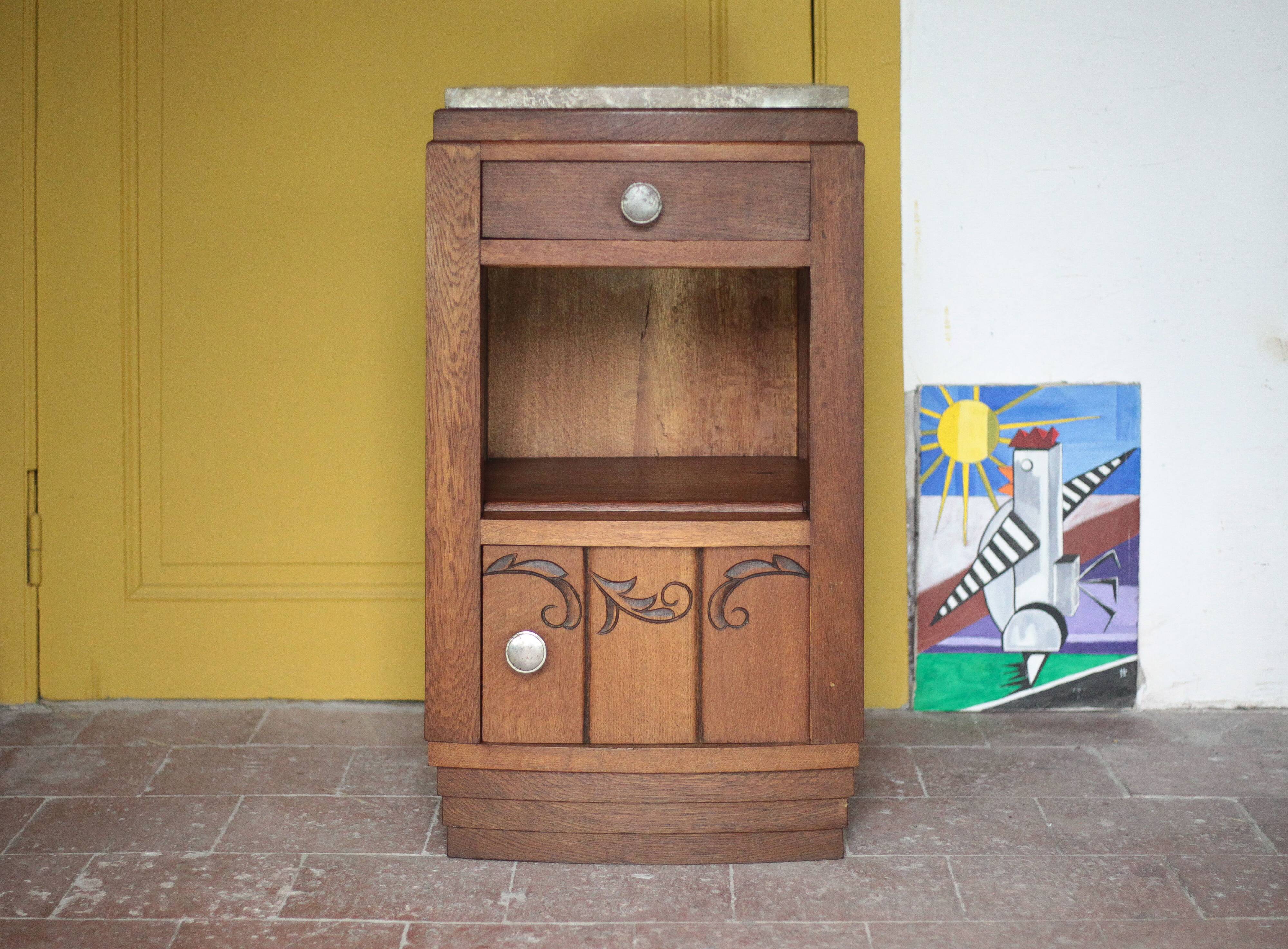Art Deco bedside table, wooden Art Deco nightstand with marble top.