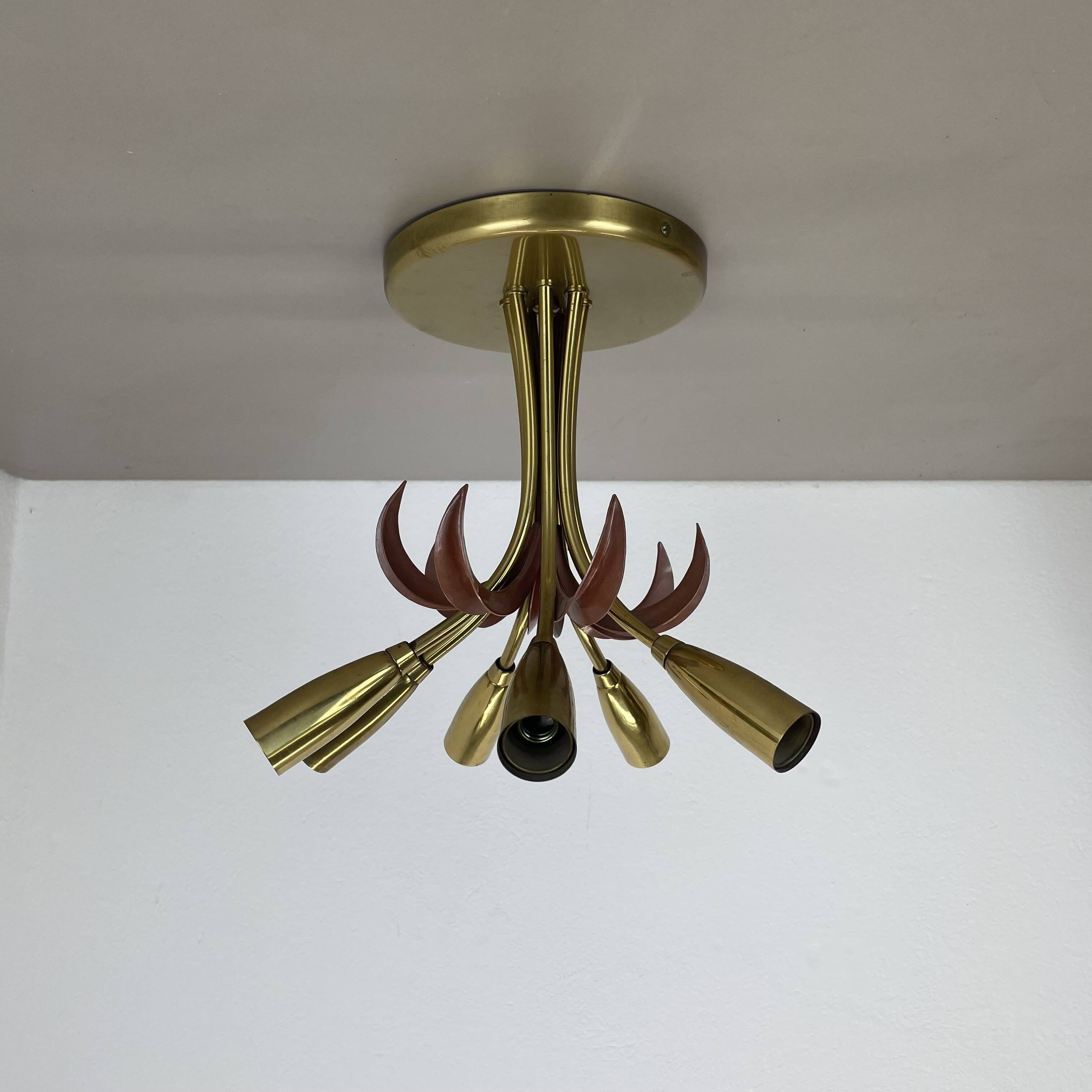Brass Italian Stilnovo Style Theatre Ceiling Light Flush Mount, Italy, 1950