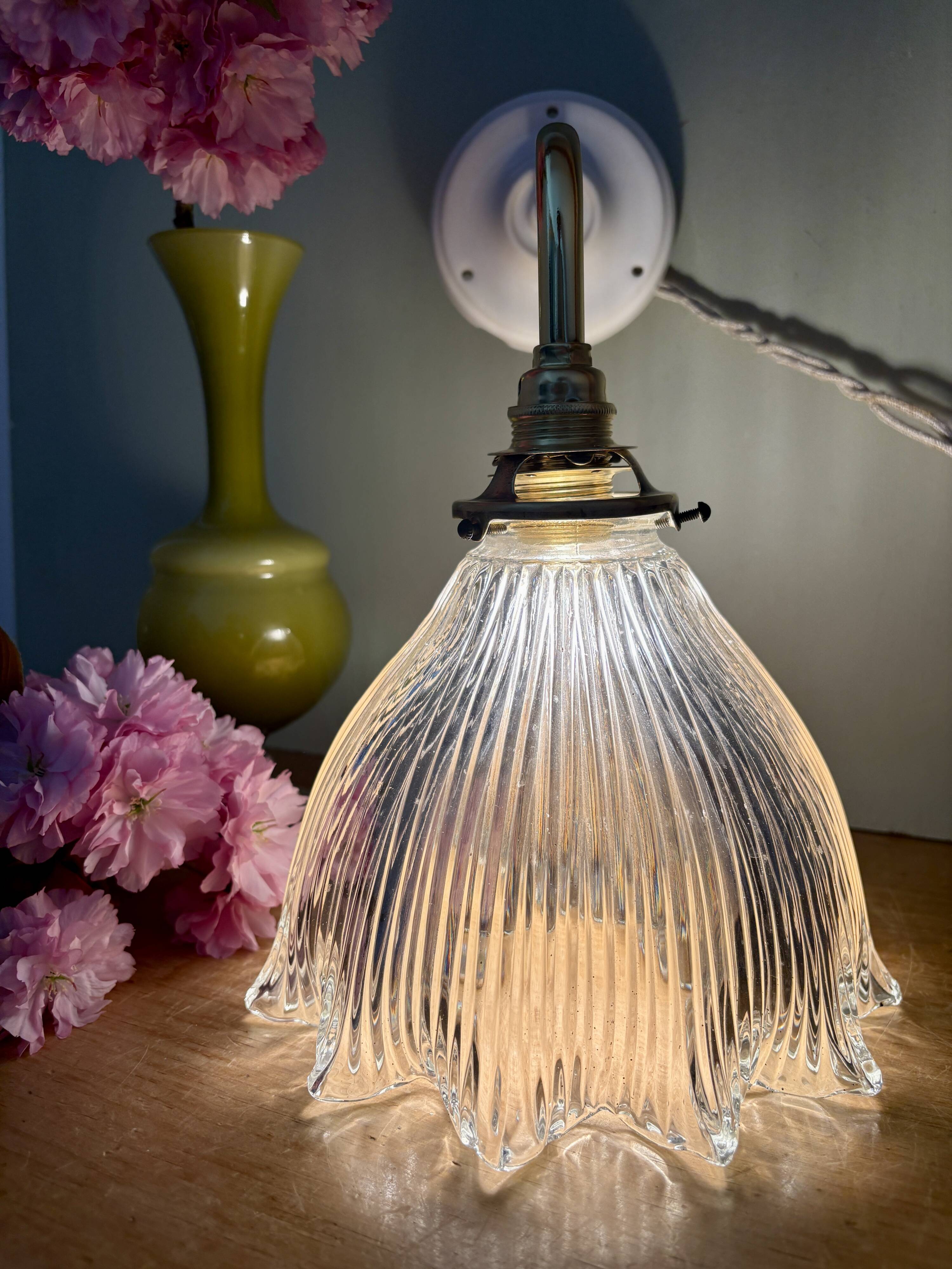 Elbow wall lamp with vintage holophane glass shade