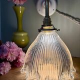 Elbow wall lamp with vintage holophane glass shade