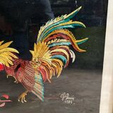 Old tapestry canvas g. perrin roosters signed + wooden frame #b549