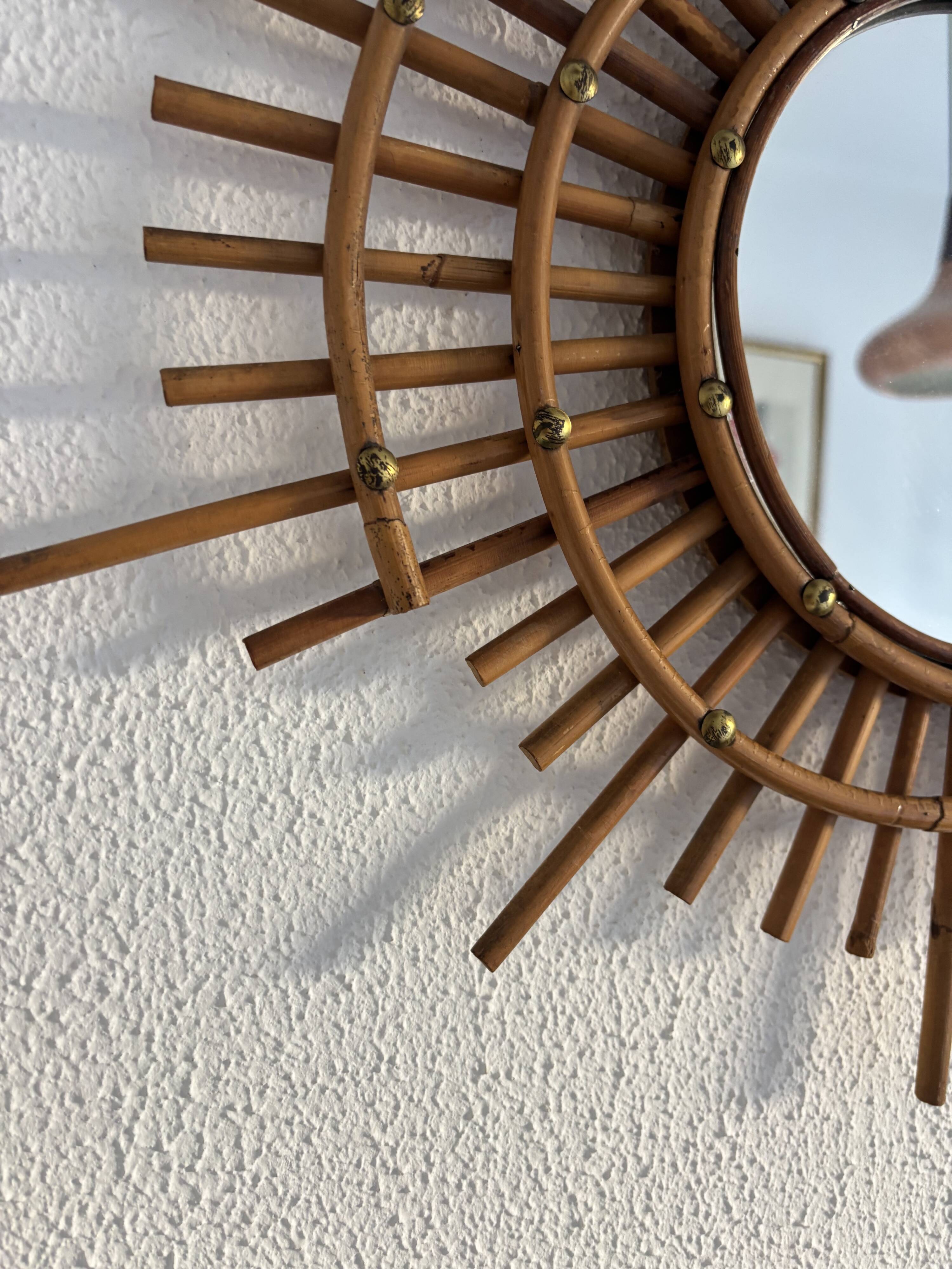 Vintage 1960s sun mirror, rattan, ORTF style, spiral eye - 66 x 50 cm