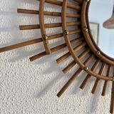 Vintage 1960s sun mirror, rattan, ORTF style, spiral eye - 66 x 50 cm