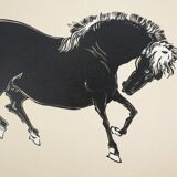 Mokuchu URUSHIBARA: Japanese print, horse bowing (cream), woodblock print, signed