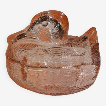 Bonbonnière canard en verre rose pressé moulé