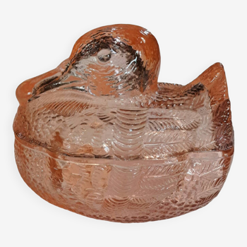 Duck candy box in molded pressed pink glass