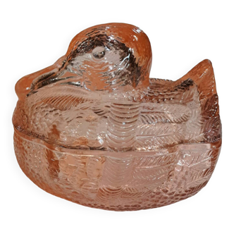 Duck candy box in molded pressed pink glass