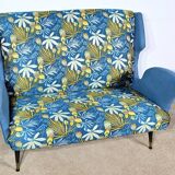 2-Seater Bench in Azure Blue Fabric – 1940s