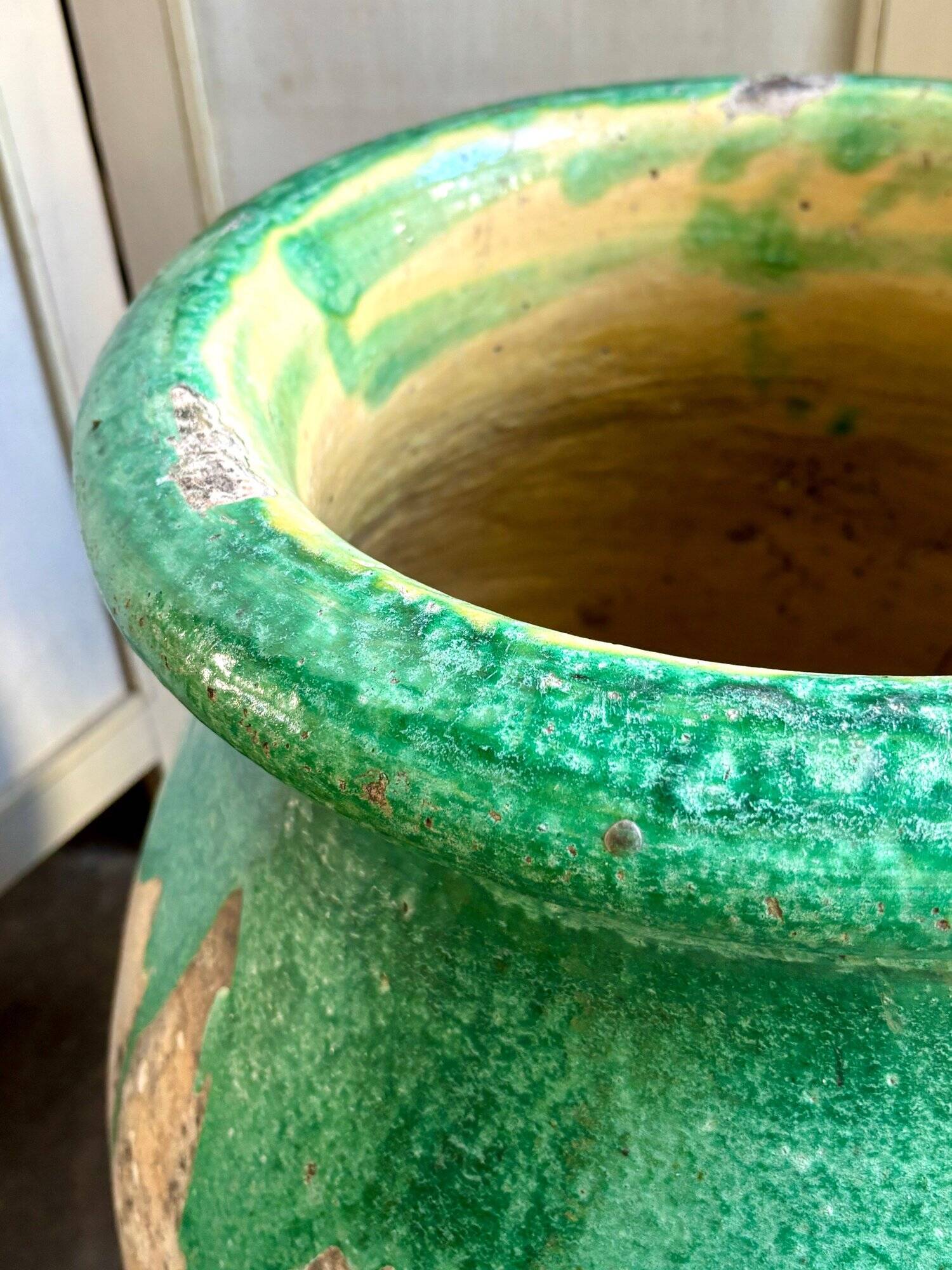 Biot jar, plant pot in beige and green glazed ceramic