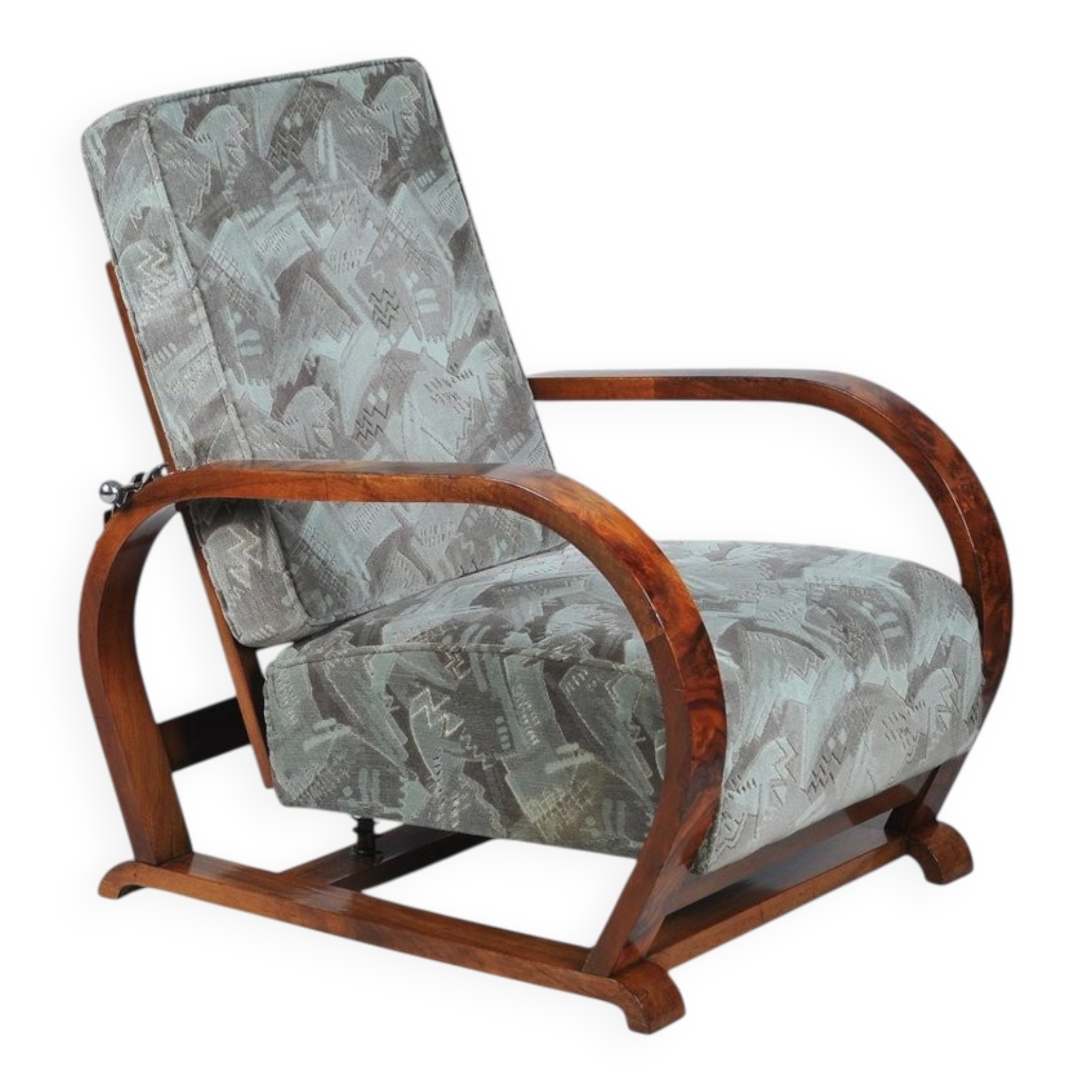 Czech Art Deco Walnut and Chrome Reclining Armchair, 1930s