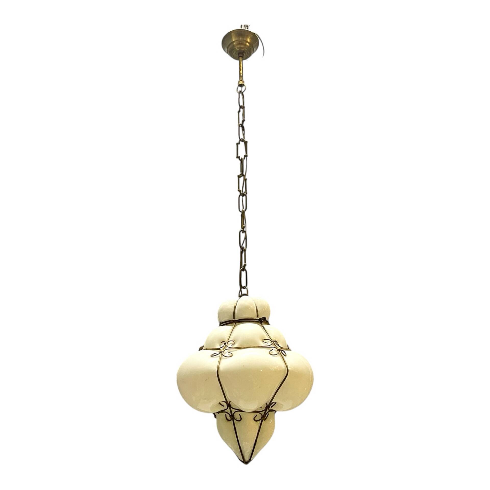 Murano Opaline Glass Pendant Light in Wrought Iron Frame, Italy, Mid-C