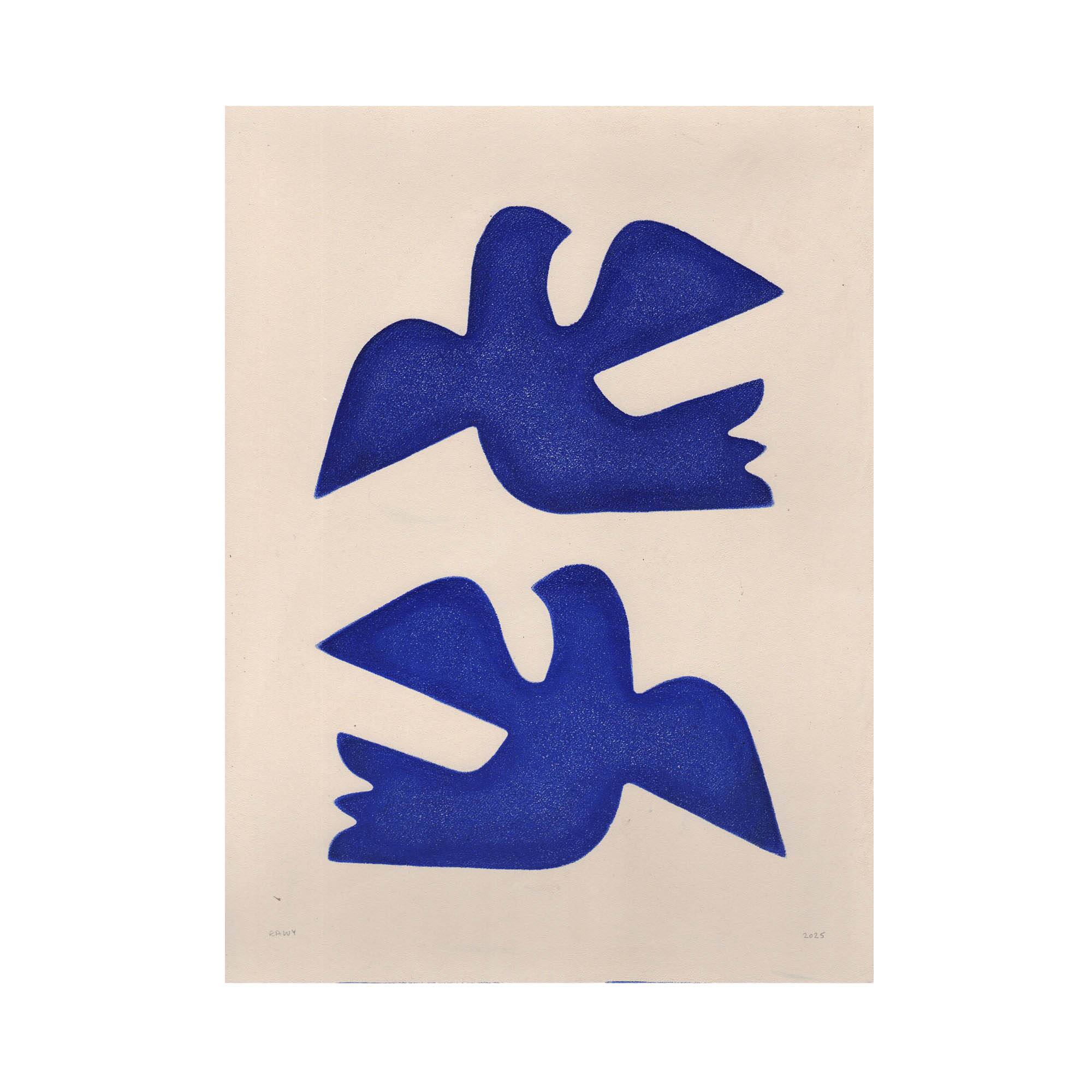 Painting 30x40cm blue birds on paper framed signed Eawy