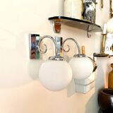 2 wall lamps in chromed metal and white opaline