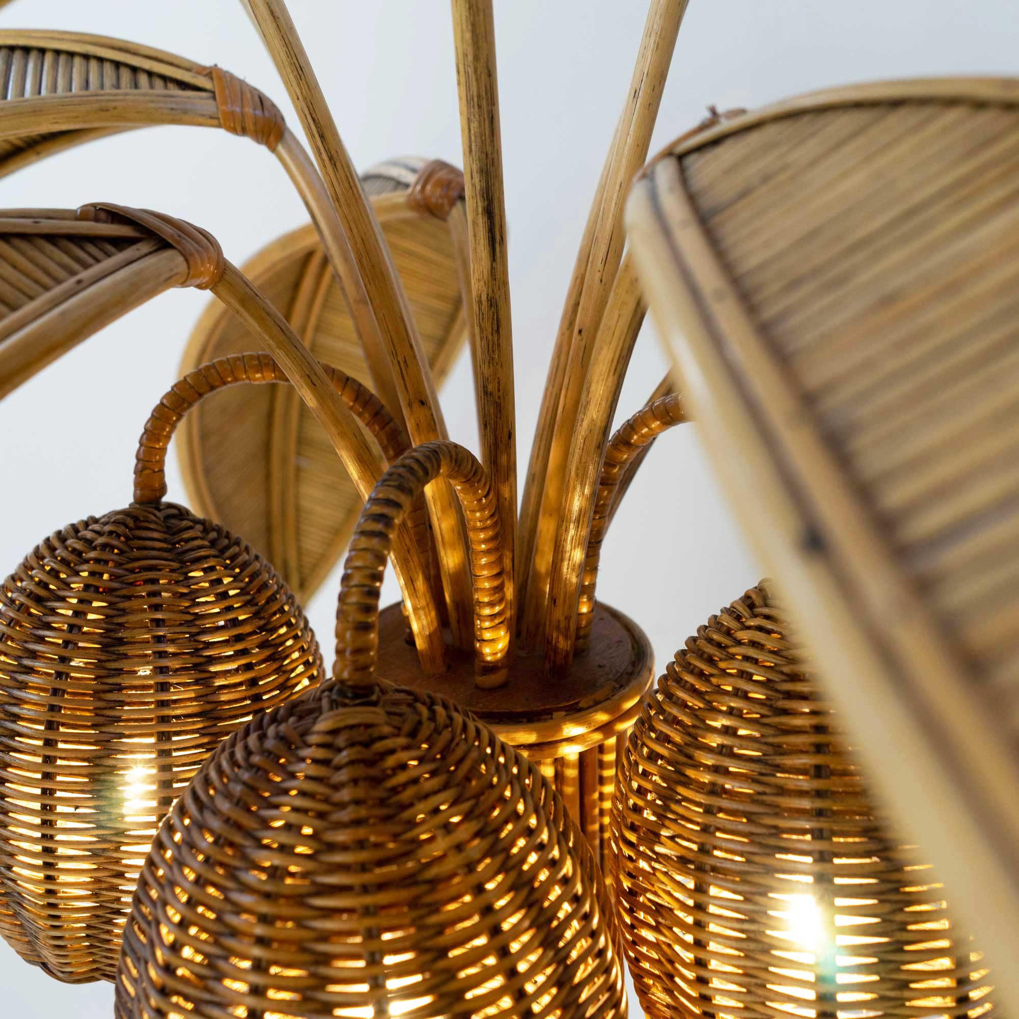 Lampadaire palmier vintage en rotin