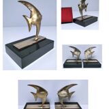 Pair of designer black marble bronze fish bookends
