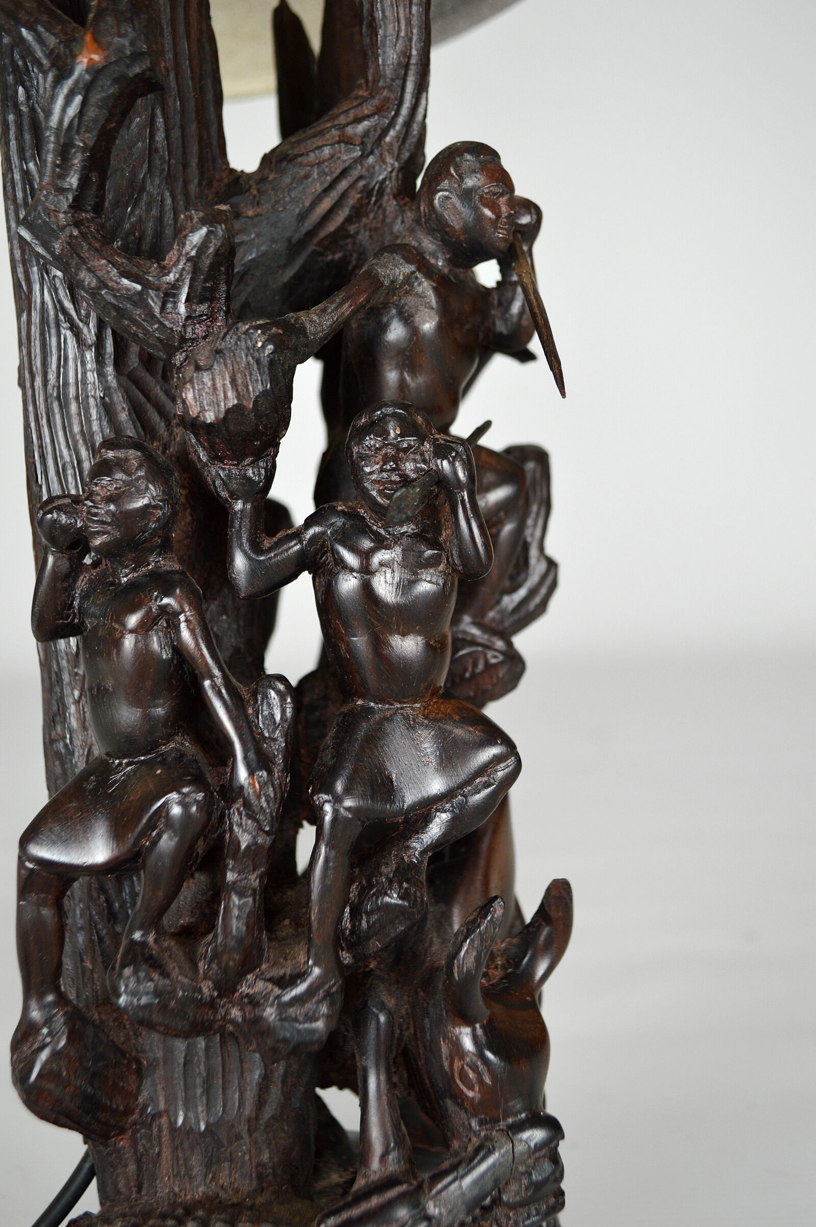 African carved ebony lamp, "Hunters, buffalo and crocodile"