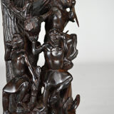 African carved ebony lamp, "Hunters, buffalo and crocodile"