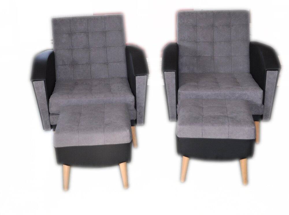 Vintage 1960 set of 4 armchairs and ottomans in grey fabric and black faux leather.