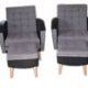 Vintage 1960 set of 4 armchairs and ottomans in grey fabric and black faux leather.