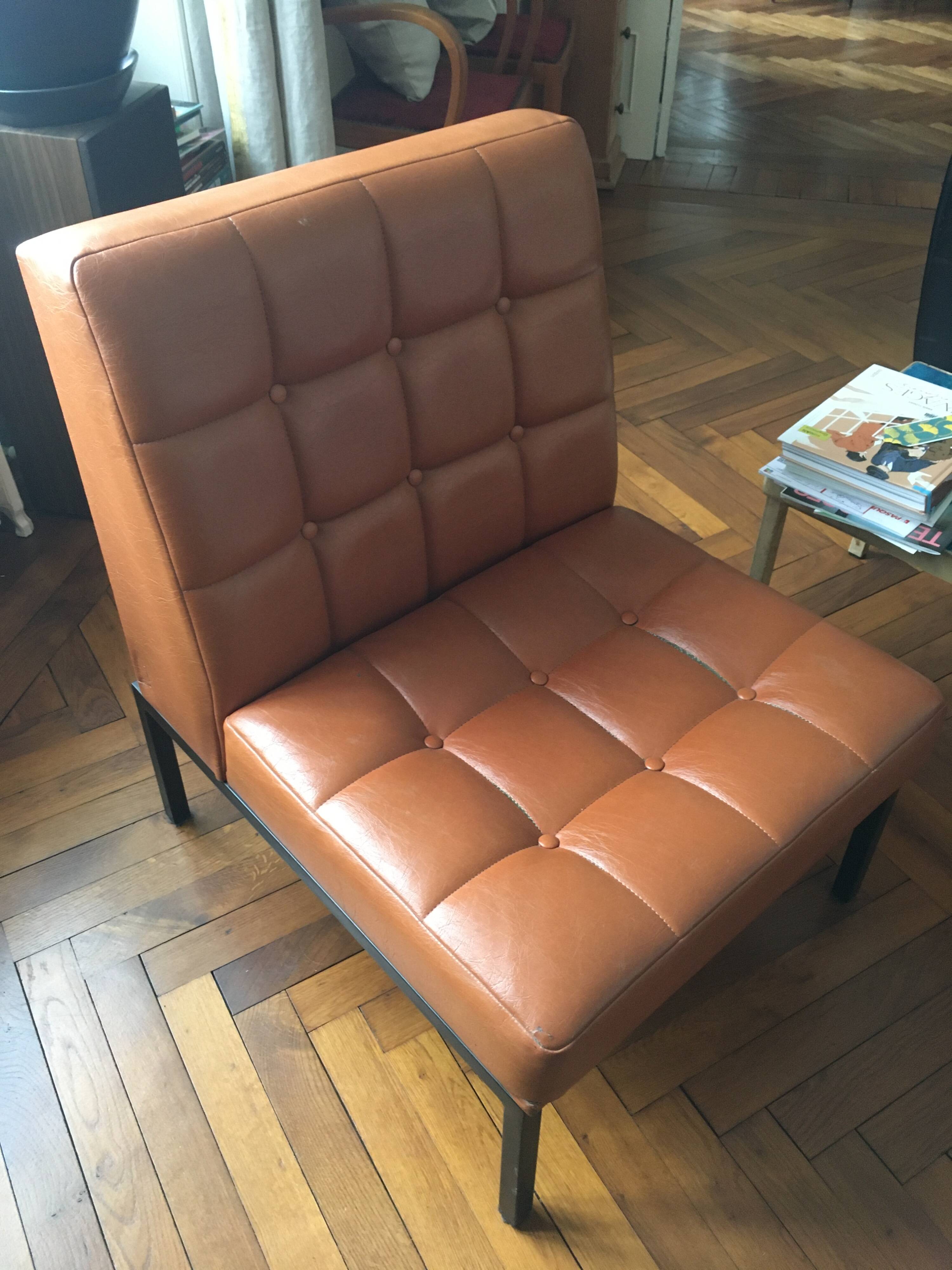 1970s lounge chair in faux leather and black steel