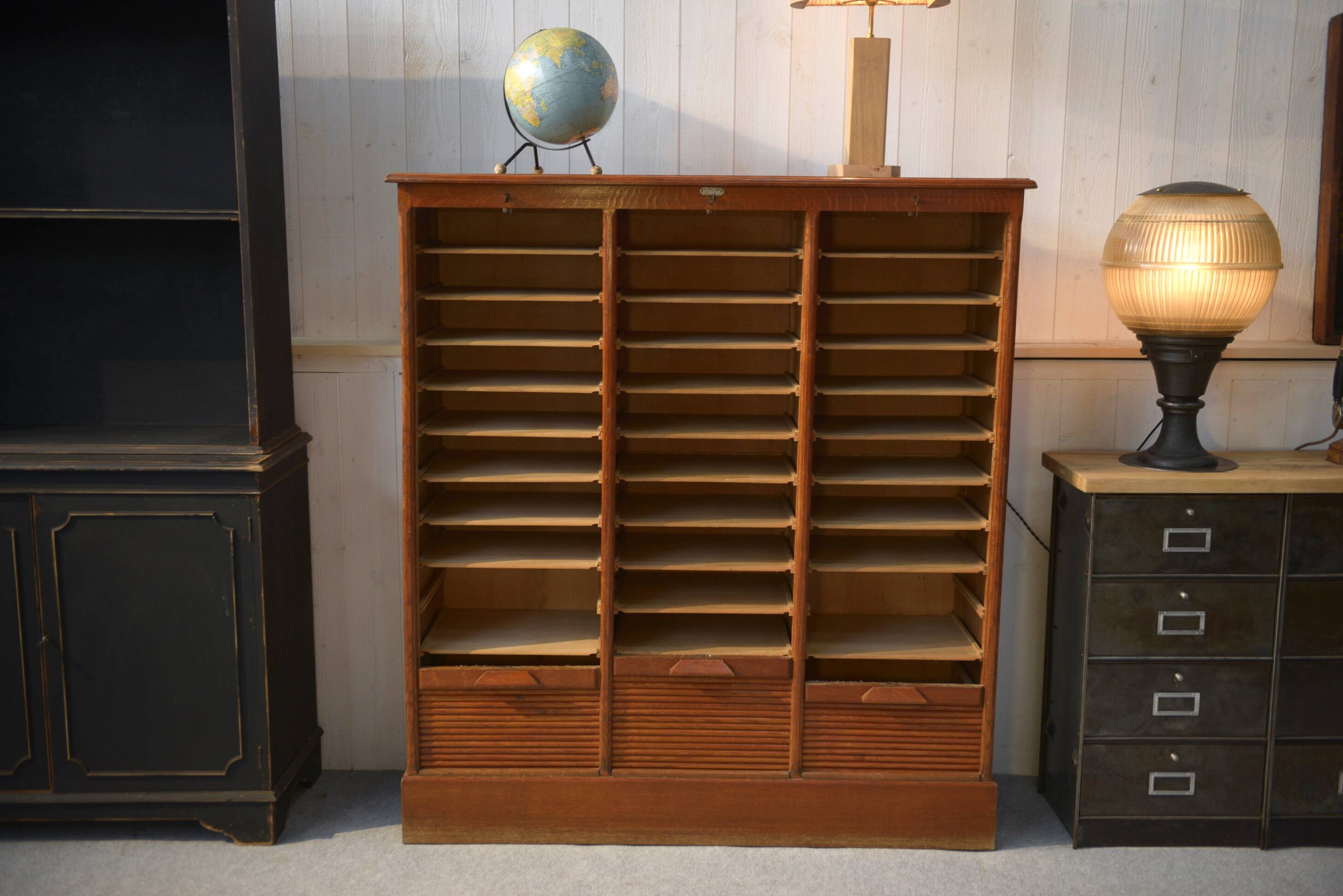 Wooden notary cabinet with shutter from the brand "Au vieux chêne" 1950's
