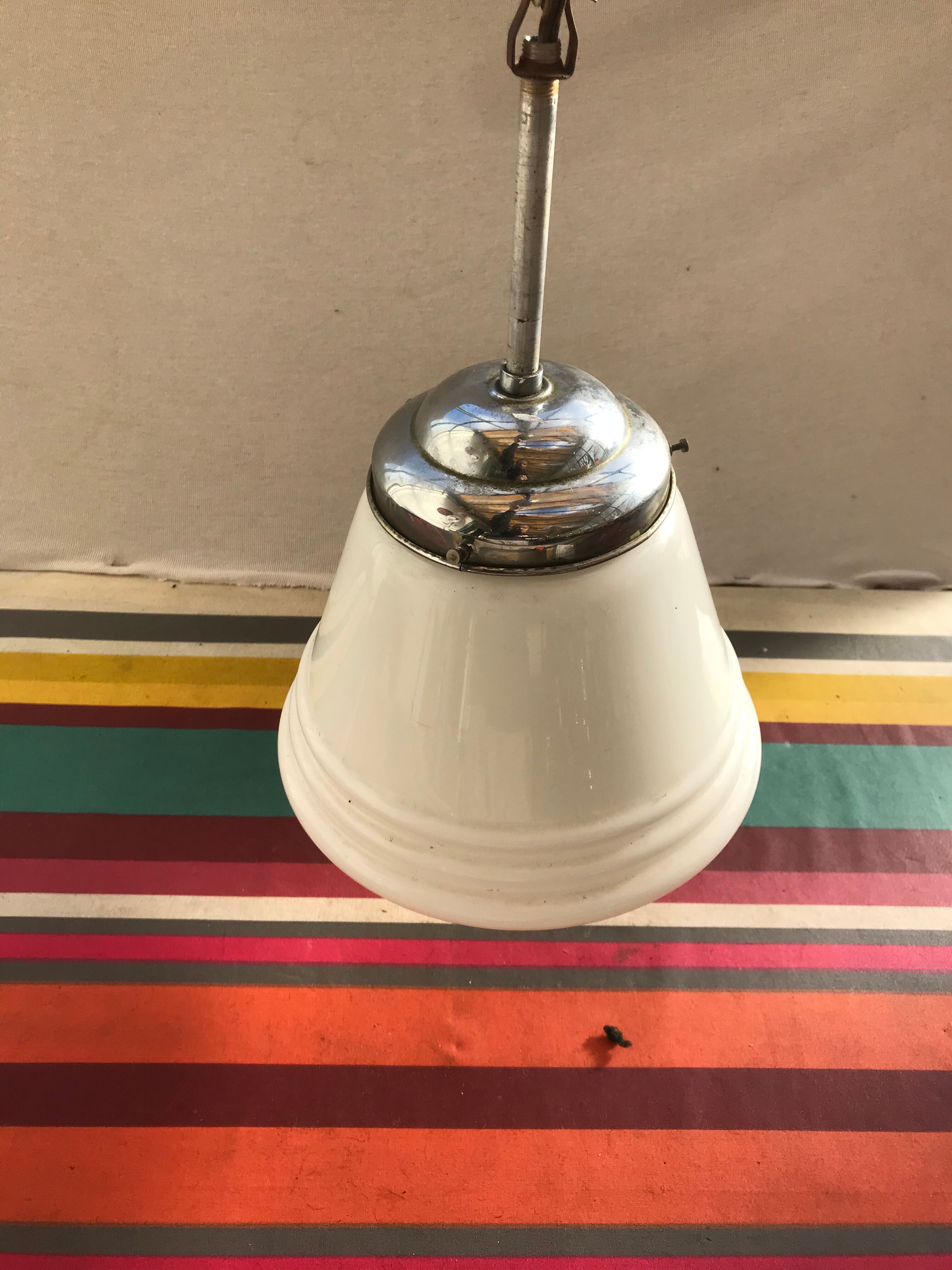 Old white opaline suspension - alu support 50 years vintage