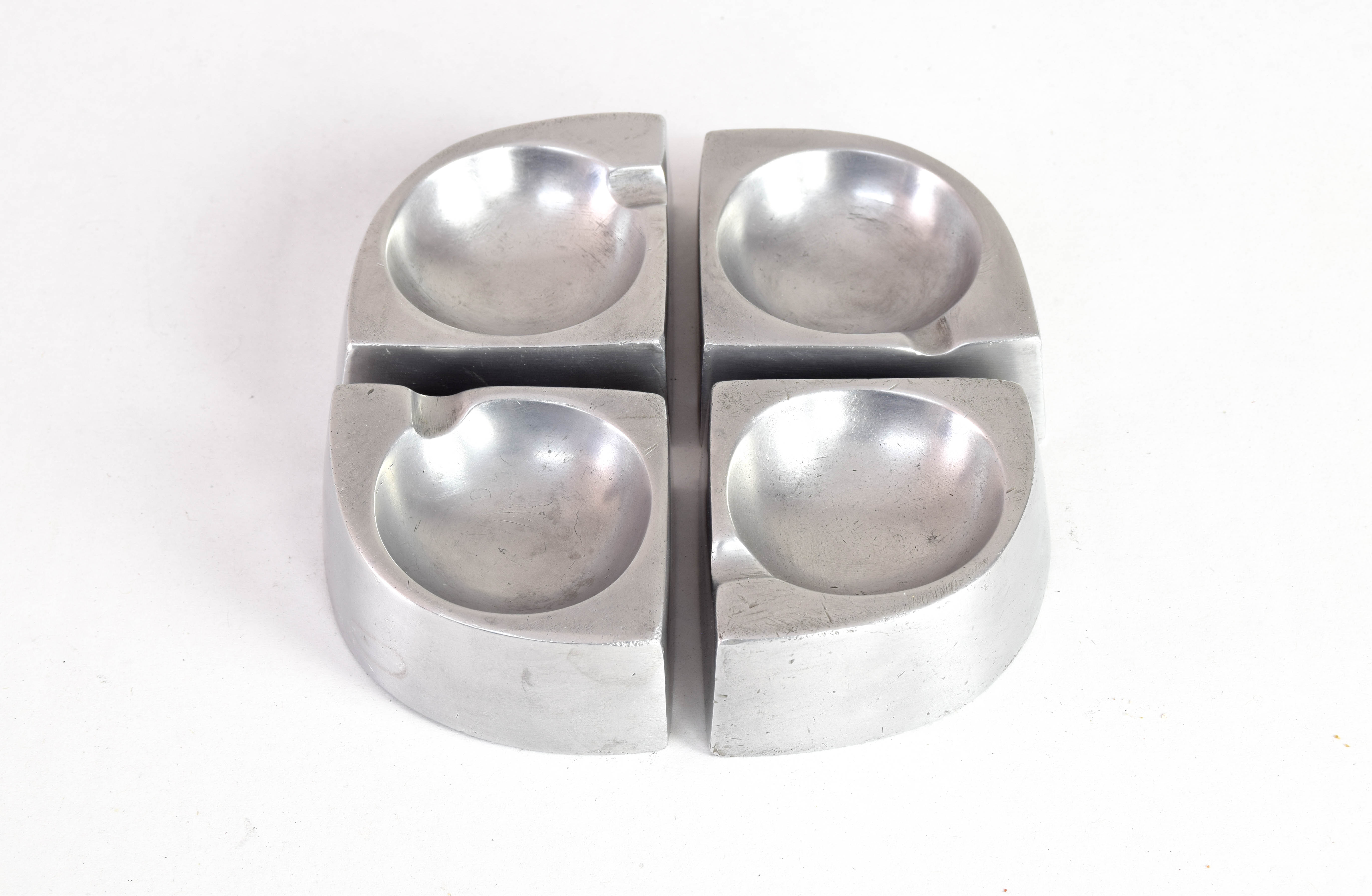 Mid Century Scandinavian Modern Handcrafted Aluminum Four Piece Ashtray, 1960
