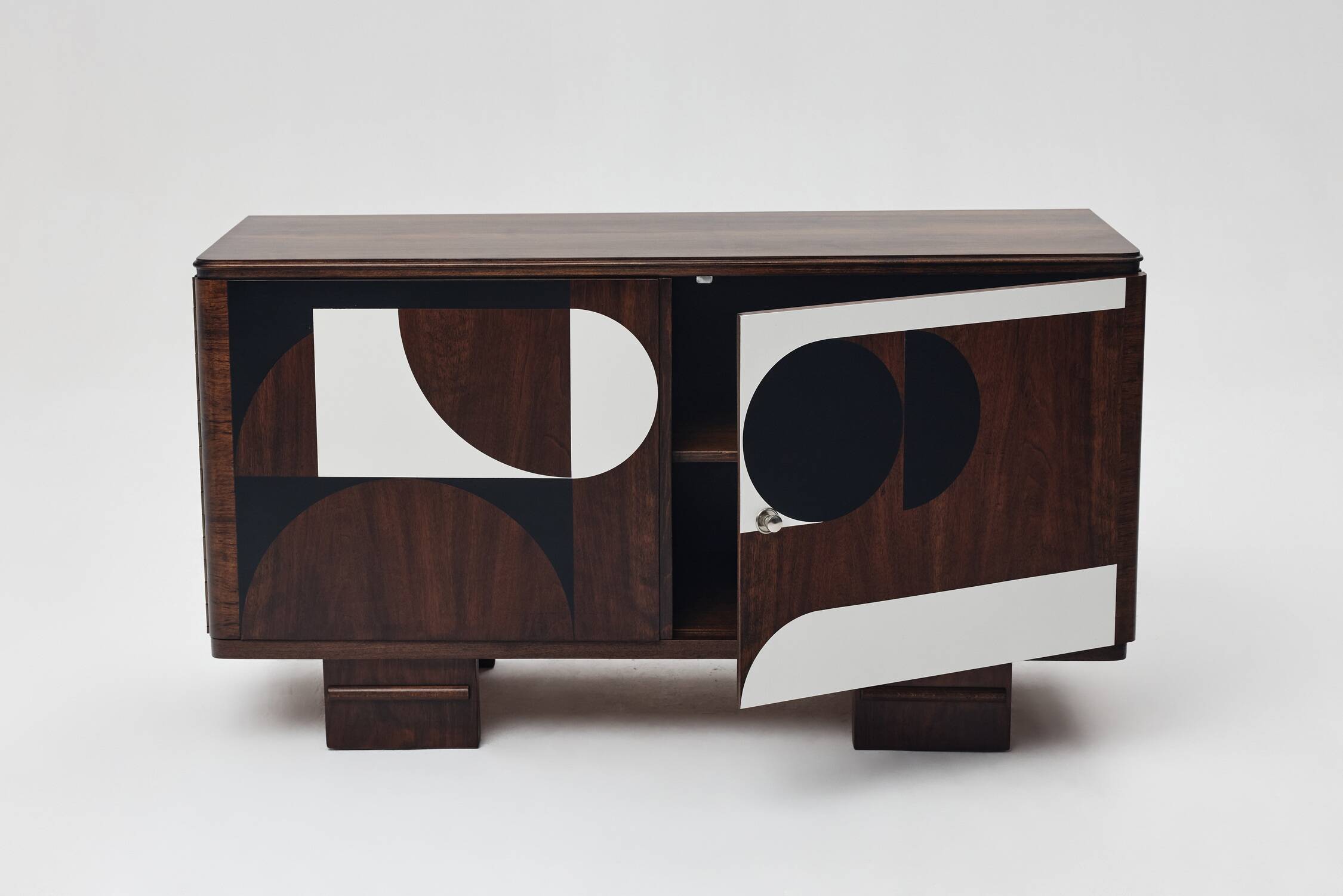 1950s Vintage Sideboard, Modernist, Walnut, Geometric Op Art Pattern