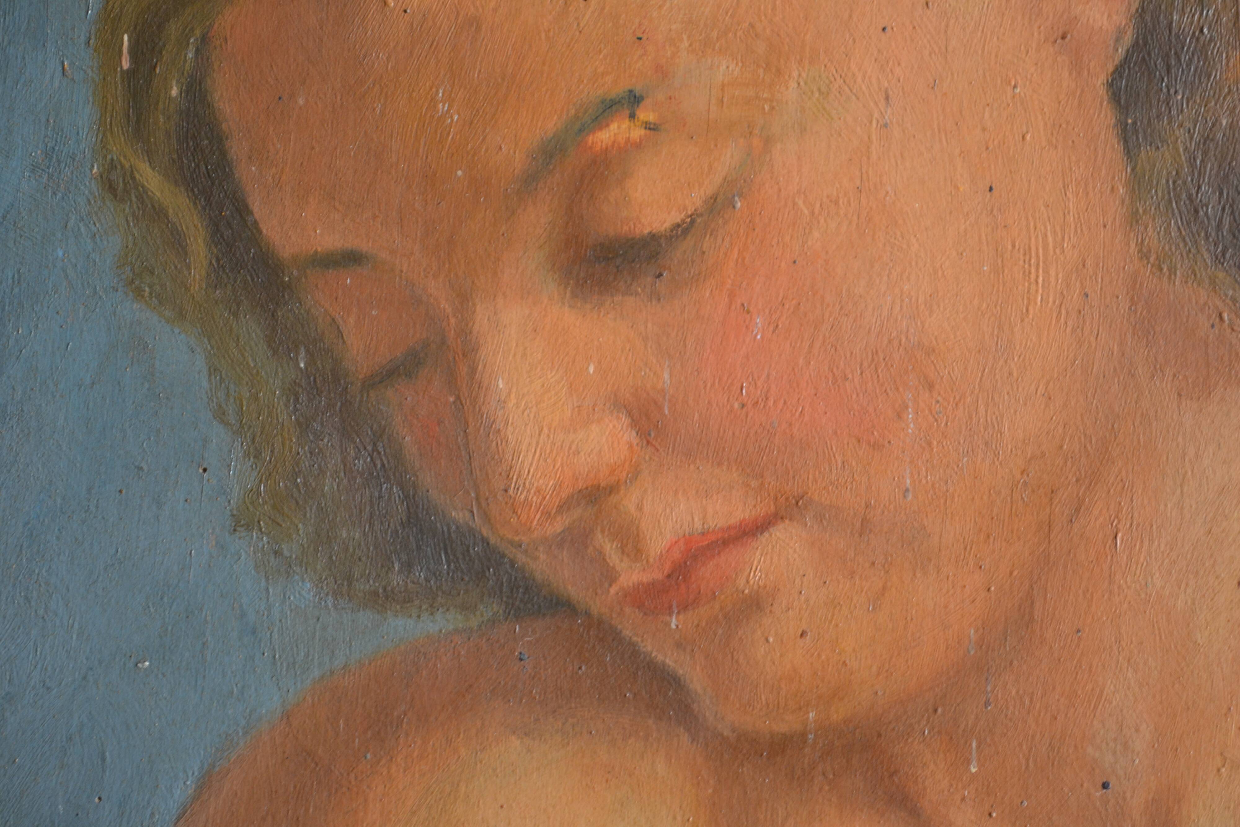 Old painting portrait nude woman oil on panel