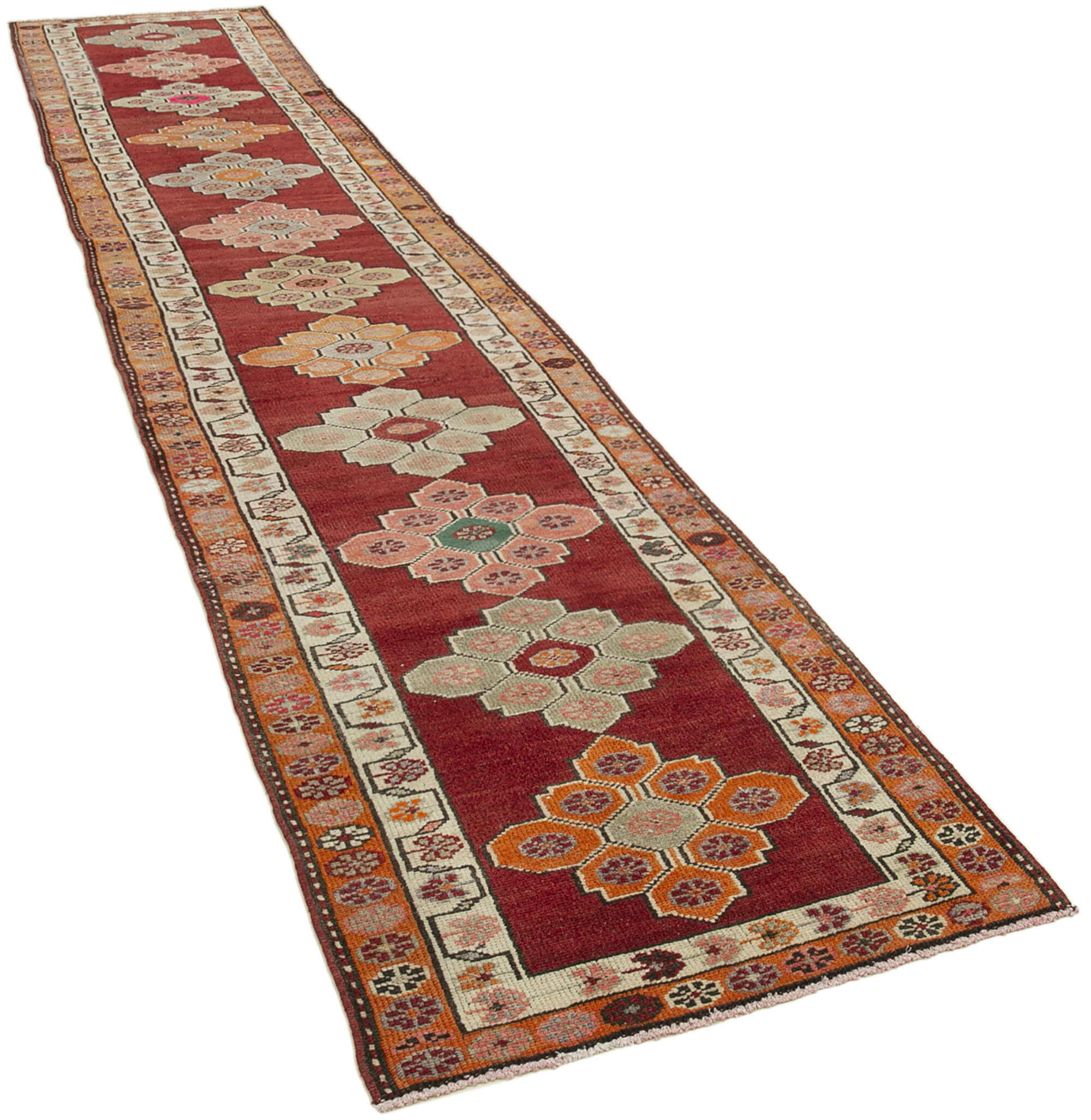 Hand-knotted decorative turkish red runner carpet 88 cm x 470 cm