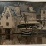 Huile sur toile encadrée " Vue sur le port " XX siècle