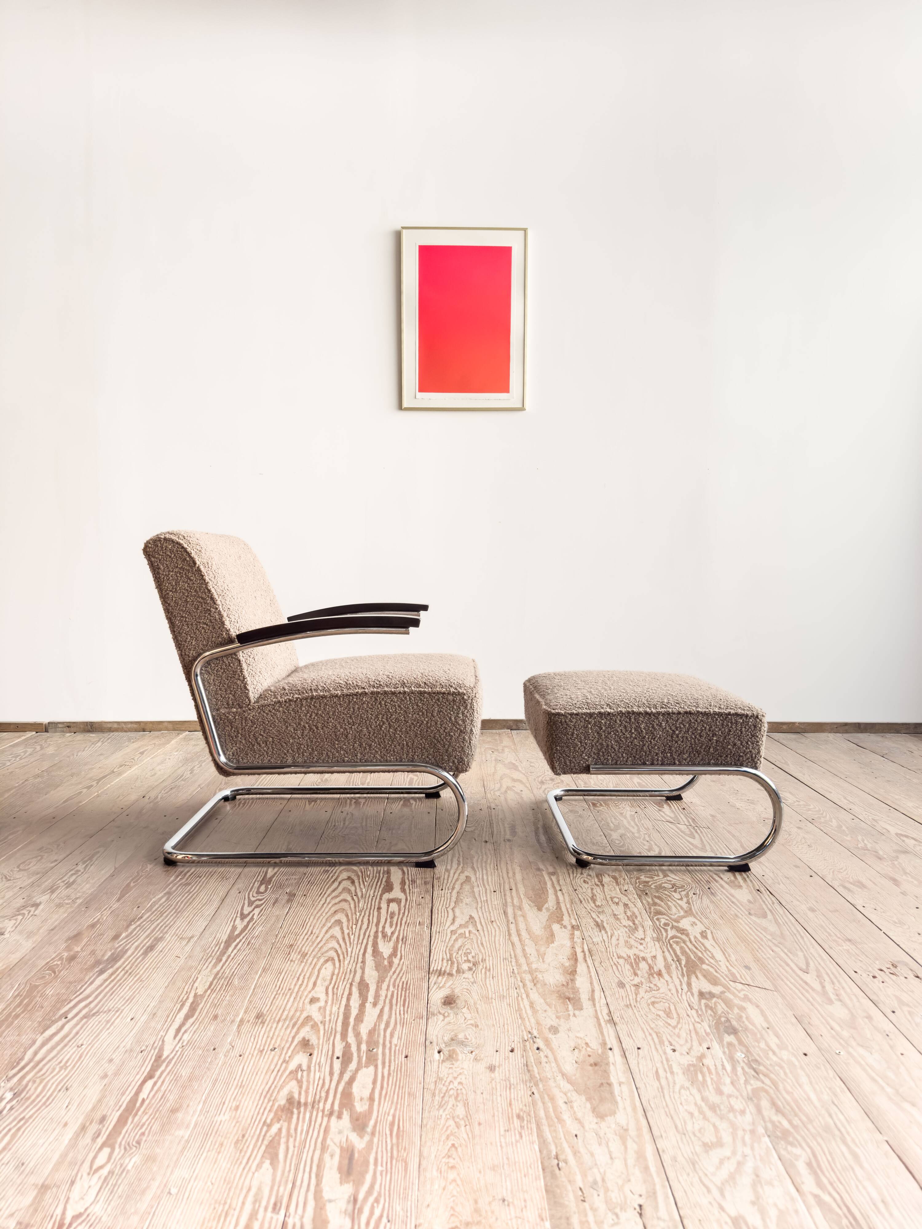 Fauteuil et ottoman Thonet 411 Bauhaus en tissu bouclé