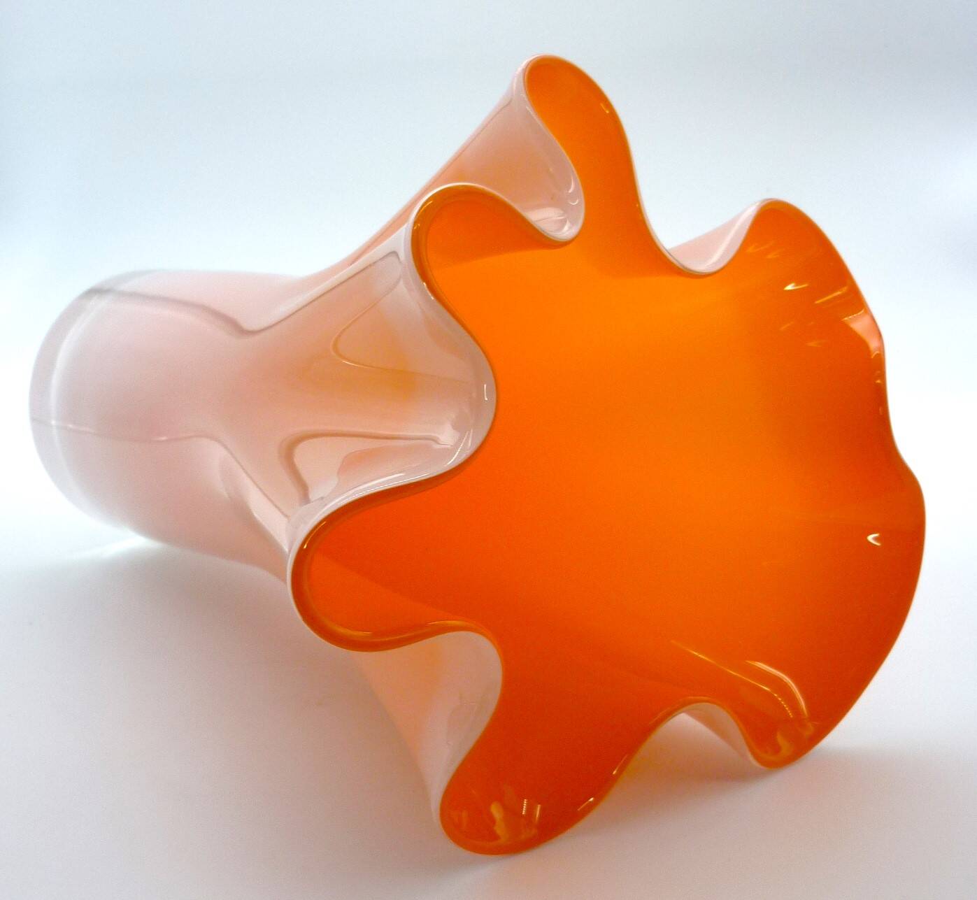 Murano handkerchief vase, blown glass, 1960s design, white and orange.