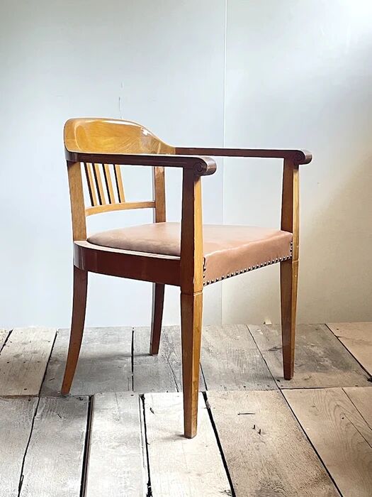 Swiss Art Deco Wood Armchair with Brown Leather Seat, 1930s