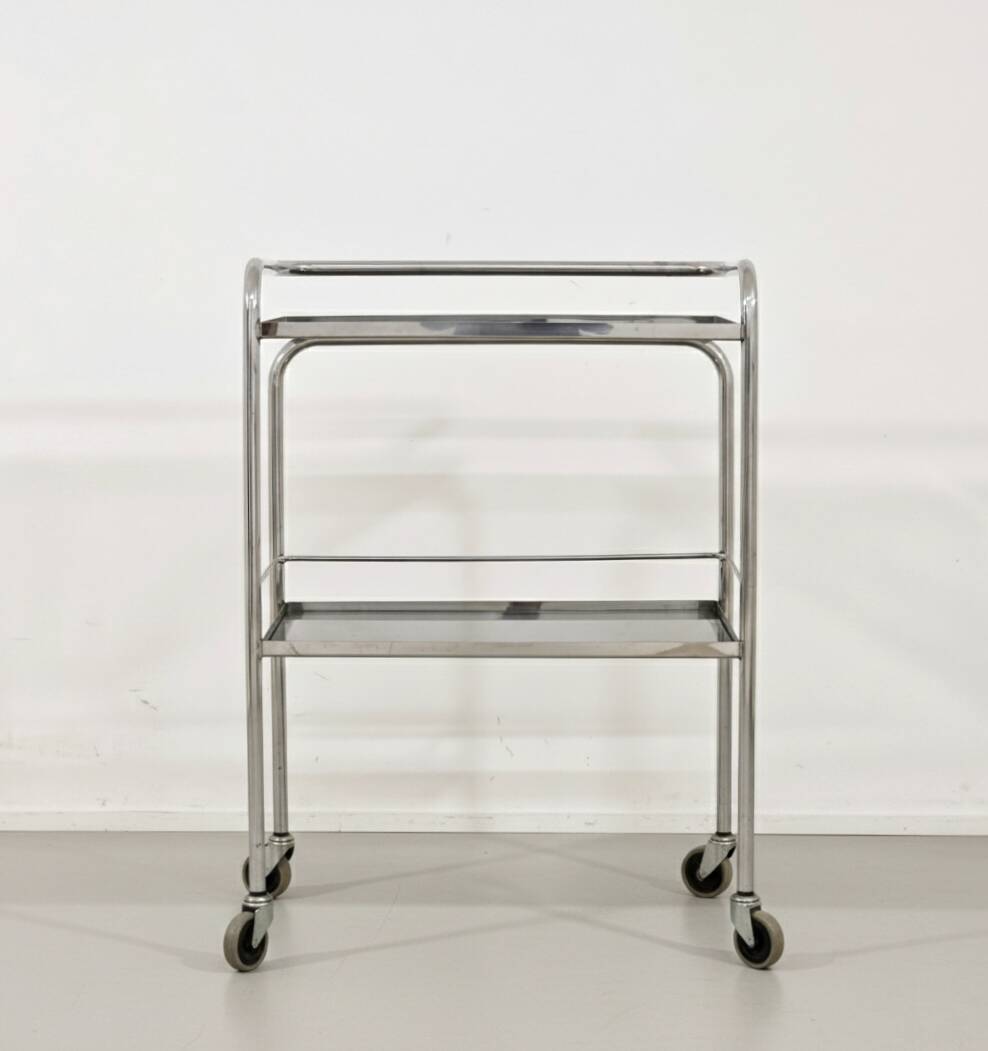 1970s chrome metal and smoked glass wheeled dessert trolley