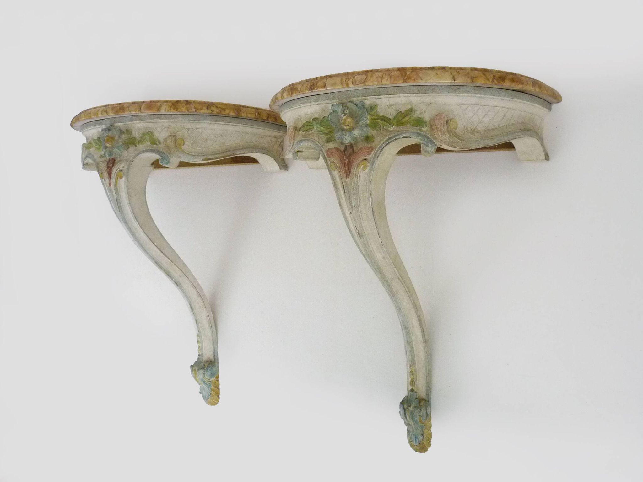 Pair of wall consoles Maison Jean Mocque in Paris in Louis XV style in lacquered polychrome wood
